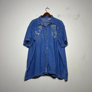 Bobbie Brooks Denim Jean Shirt Button Floral Embroidered Pant Women 26 Pink Boho